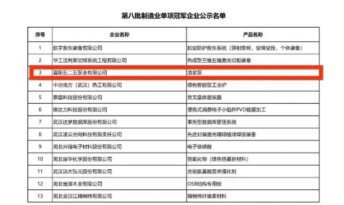 北化股份泵業公司入選國家制造業單項冠軍企業名單